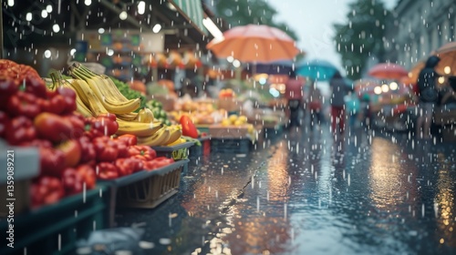 Obraz na płótnie Fresh fruits and vegetables are displayed at an outdoor market during a rainy day. People shop under umbrellas, creating a lively scene despite the rain, with colorful produce and wet streets adding w salonie