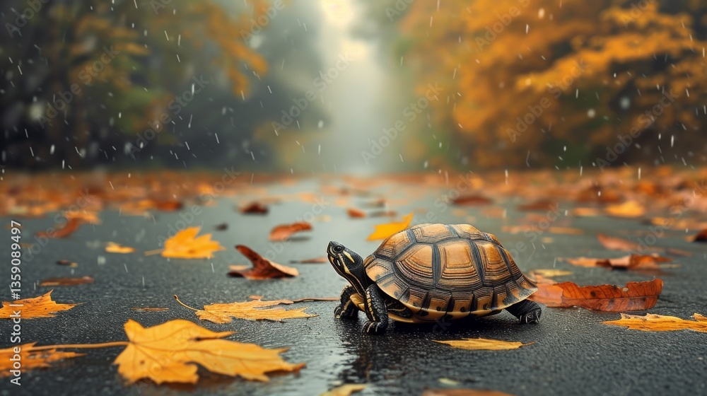 A turtle slowly crossing a rain-soaked road, surrounded by vibrant autumn foliage. The scene captures the tranquil atmosphere of a fall day, with the turtle's journey framed by falling leaves and wet