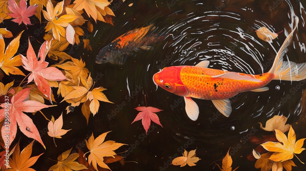 Two koi fish swim in a pond surrounded by a variety of colorful autumn leaves. The vibrant reds, yellows, and oranges of the leaves complement the striking orange and white patterns of the koi