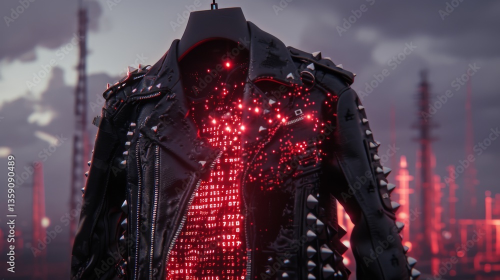 A black leather cyberpunk jacket adorned with spikes and glowing red digital elements, hanging in a moody, industrial environment. The glowing lights contrast with the dark leather, creating a high