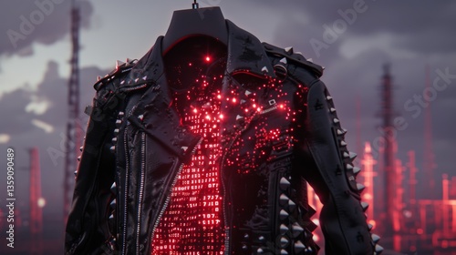 Obraz na płótnie A black leather cyberpunk jacket adorned with spikes and glowing red digital elements, hanging in a moody, industrial environment. The glowing lights contrast with the dark leather, creating a high w salonie