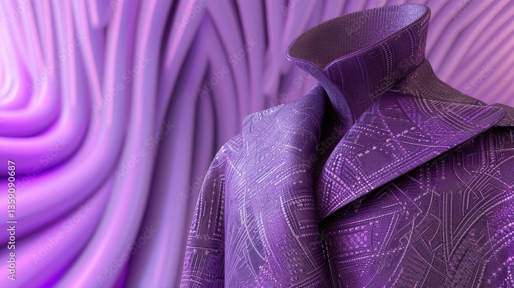 Textured purple coat showcased on a mannequin, set against an abstract purple backdrop with fluid, wave-like patterns. The intricate design of the coat and the dynamic background create a visually