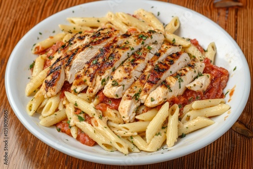 Wallpaper Mural Grilled chicken atop penne pasta with tomato sauce on a white plate, lunch or dinner Torontodigital.ca