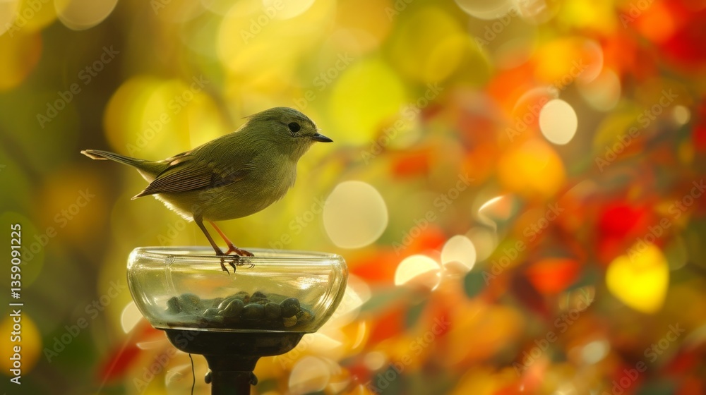 A small bird perches delicately on a glass feeder, set against a backdrop of vibrant autumn colors. The warm hues and bokeh effect create a cozy, inviting scene capturing the beauty of fall.