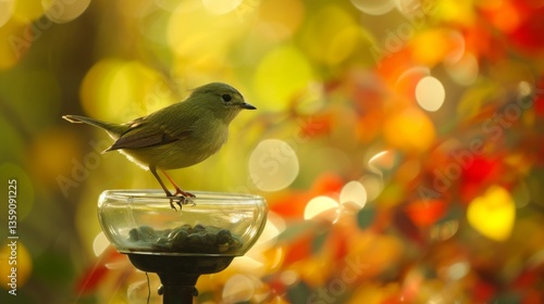 Obraz na płótnie A small bird perches delicately on a glass feeder, set against a backdrop of vibrant autumn colors. The warm hues and bokeh effect create a cozy, inviting scene capturing the beauty of fall. w salonie
