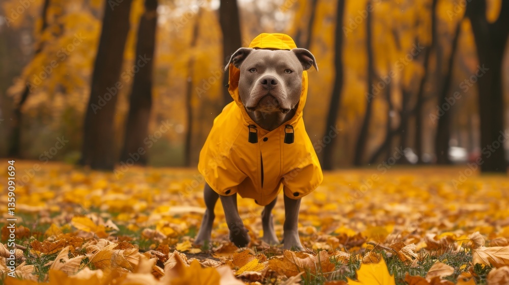 A lovable American Bully stands amidst a carpet of golden autumn leaves, donning a yellow raincoat. The autumnal backdrop and the dog's attentive stance highlight the beauty of the fall season, making