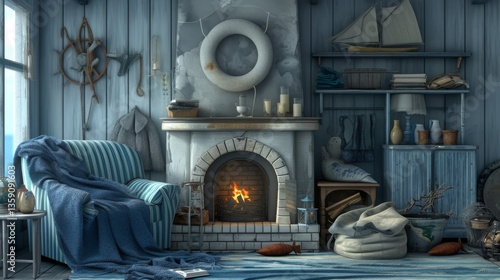 A charming living room exuding a nautical theme, featuring a cozy armchair with blue stripes, a crackling fireplace, and various maritime decor. The soothing blue tones and soft lighting create a