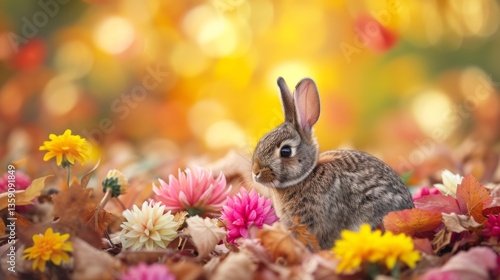 A small bunny sits amidst a vibrant mix of autumn leaves and colorful flowers. The soft focus and warm tones of the image highlight the serene beauty of the autumn season.