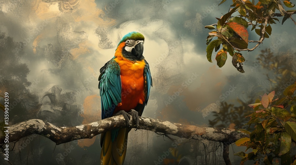 A blue-and-yellow macaw sits gracefully on a branch amidst a misty forest. The bird's striking colors and the atmospheric background create a serene and captivating image, ideal for nature and