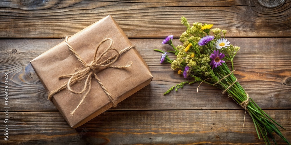 A Rustic Gift Presentation with a Simple Brown Paper Wrapped Gift and a Bouquet of Freshly Picked Wildflowers on a Weathered Wooden Surface A Rustic Gift Presentation with a Simple Brown Paper Wrapped Gift and a Bouquet of Freshly Picked Wildflowers on a Weathered Wooden Surface