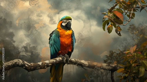 Obraz na płótnie A blue-and-yellow macaw sits gracefully on a branch amidst a misty forest. The bird's striking colors and the atmospheric background create a serene and captivating image, ideal for nature and w salonie