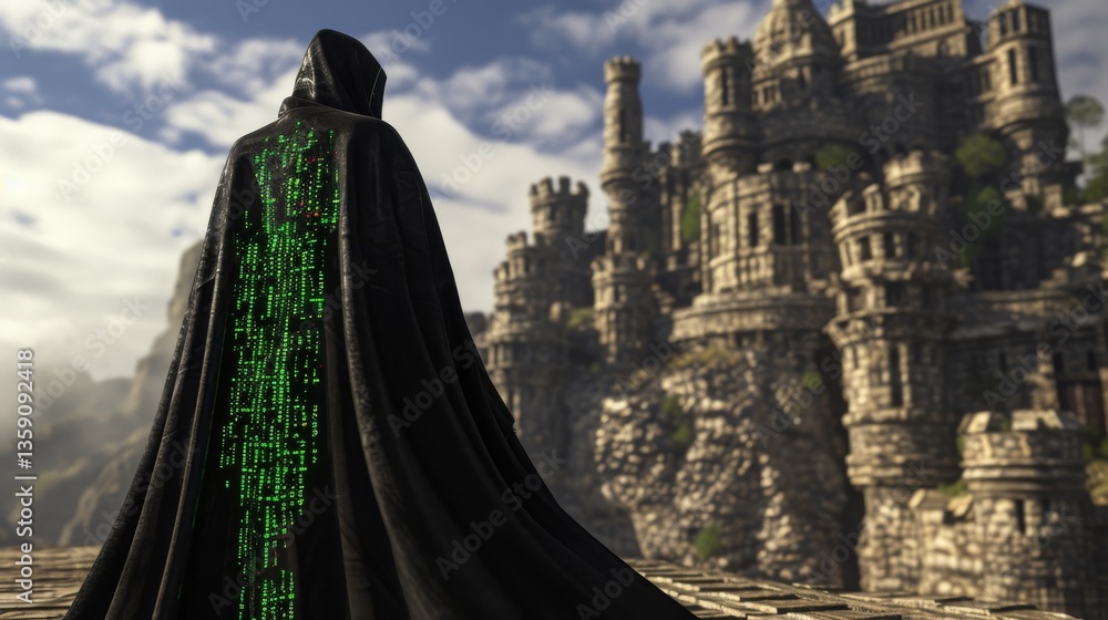 A cloaked figure with a flowing black cloak embedded with green digital symbols stands before a grand medieval castle. The image merges historical architecture with futuristic digital design, creating