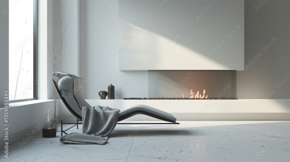 A sleek lounge chair with a draped blanket sits near a modern, minimalist fireplace. The space is bathed in soft natural light, emphasizing the clean lines and calming ambiance of the contemporary