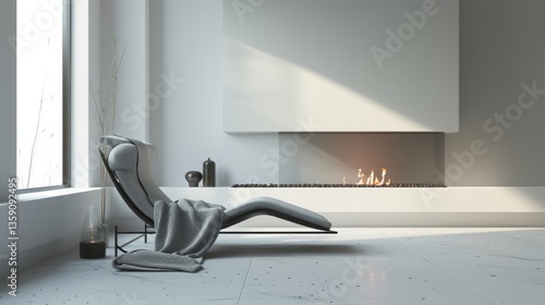 Obraz na płótnie A sleek lounge chair with a draped blanket sits near a modern, minimalist fireplace. The space is bathed in soft natural light, emphasizing the clean lines and calming ambiance of the contemporary w salonie