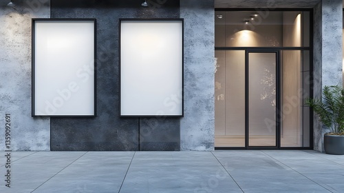 modern concrete building exterior with blank signage and glass d