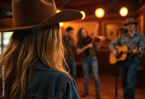 Beautiful young woman looking at country music show, traditional american bar atmosphere, can be used as country show poster