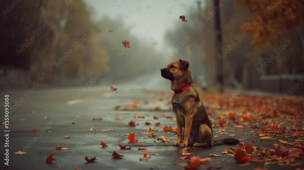 An evocative photograph of a dog sitting on an empty road, surrounded by swirling autumn leaves. The scene captures the quiet beauty of a foggy autumn day, with the dog's red collar providing a