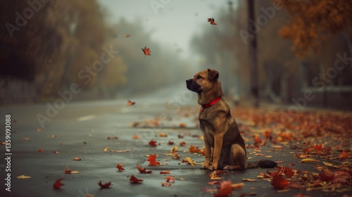 Obraz na płótnie An evocative photograph of a dog sitting on an empty road, surrounded by swirling autumn leaves. The scene captures the quiet beauty of a foggy autumn day, with the dog's red collar providing a w salonie