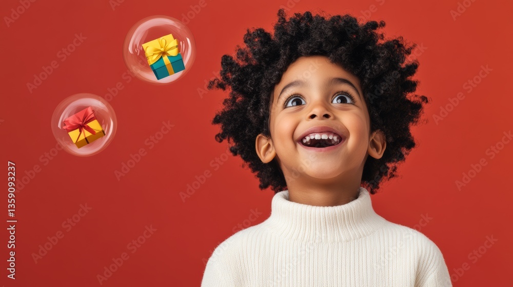 Young boy with curly hair is smiling and looking at a box. The box is surrounded by a bubble, which is also smiling. Concept of joy and excitement Young boy with curly hair is smiling and looking at a box. The box is surrounded by a bubble, which is also smiling. Concept of joy and excitement
