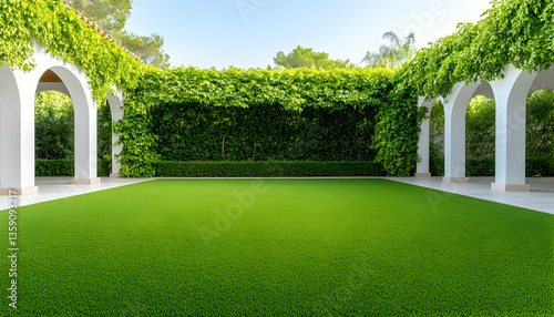 Lush green artificial turf courtyard with white arches and vibrant ivy walls
