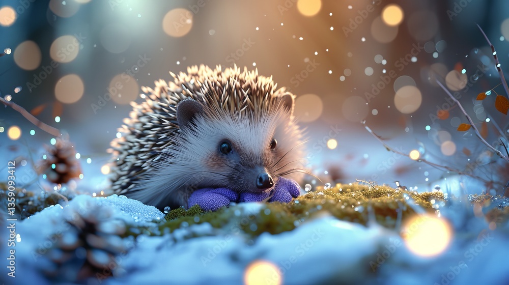 A charming hedgehog lies on a patch of snow, surrounded by soft bokeh lights in the background. The little animal is holding small purple mittens, adding to the wintertime cuteness and cozy feel.