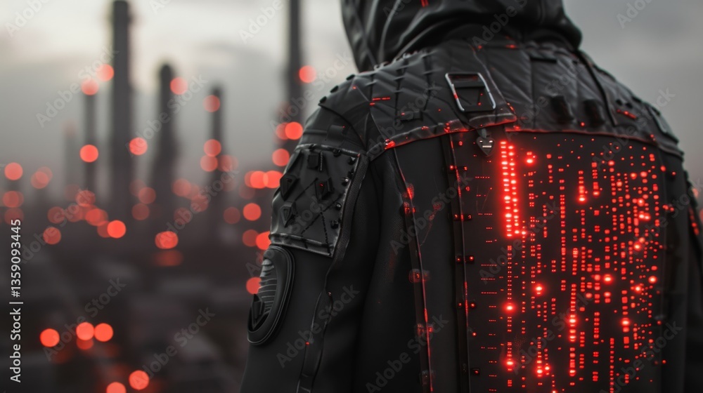 A hooded figure stands in a futuristic cityscape, the back of their high-tech jacket glowing with red digital lights. The industrial background enhances the dystopian, cyberpunk atmosphere, as the red