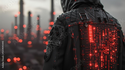 Obraz na płótnie A hooded figure stands in a futuristic cityscape, the back of their high-tech jacket glowing with red digital lights. The industrial background enhances the dystopian, cyberpunk atmosphere, as the red w salonie