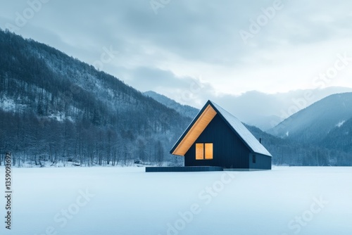Winter cabin in snowy landscape