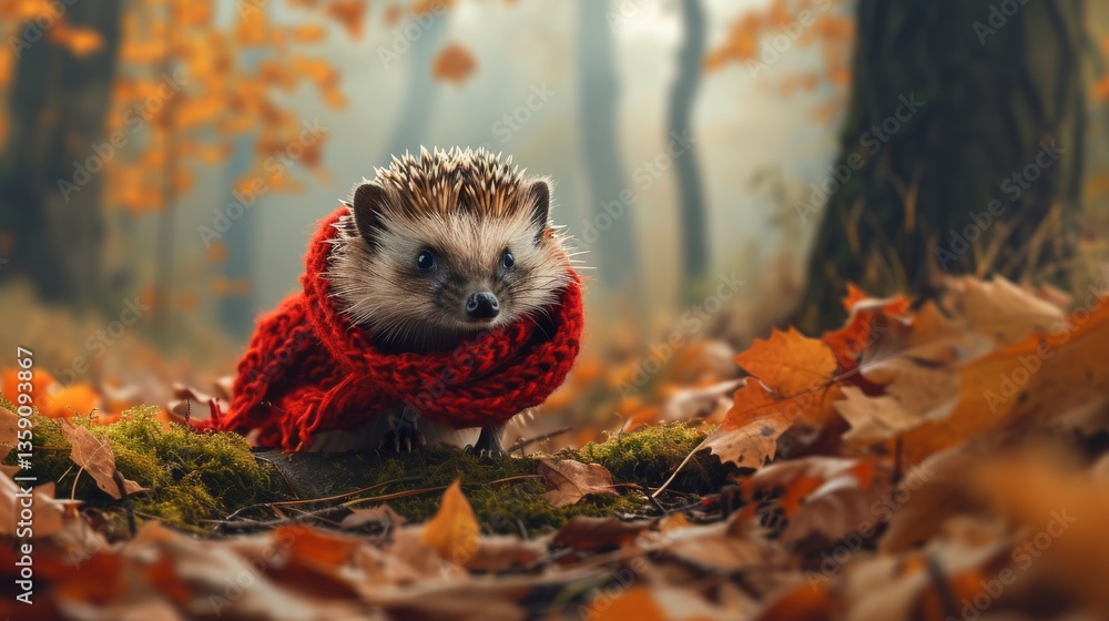 An adorable hedgehog wrapped in a cozy red scarf stands amidst the autumn leaves and mossy ground of a serene forest. The soft light and vibrant colors evoke the essence of fall, making this a perfect