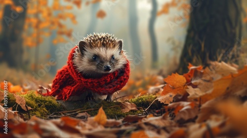 Obraz na płótnie An adorable hedgehog wrapped in a cozy red scarf stands amidst the autumn leaves and mossy ground of a serene forest. The soft light and vibrant colors evoke the essence of fall, making this a perfect w salonie