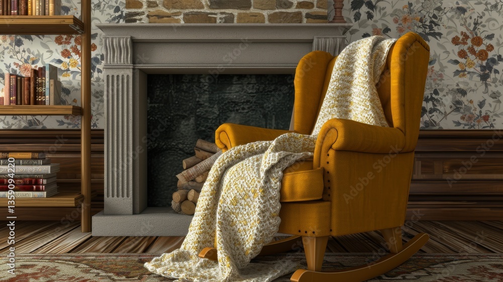 A cozy interior scene featuring a soft, yellow chair with a knitted blanket draped over it, placed near a traditional fireplace. The warm tones and inviting setup make this an ideal spot for