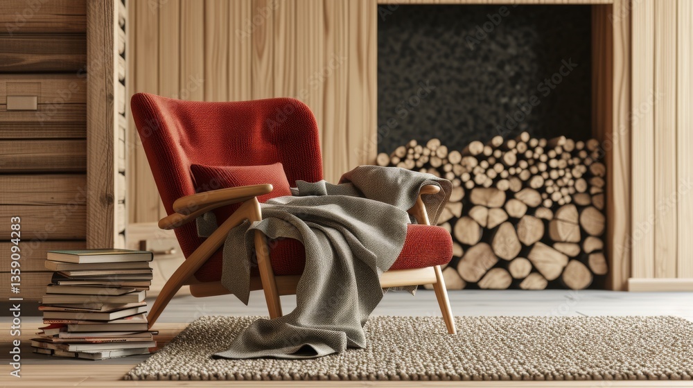 A warm and inviting reading nook featuring a plush red armchair, a soft blanket, and a stack of books, set against a backdrop of a wooden wall and a neatly stacked firewood arrangement. The scene
