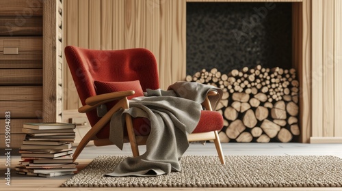 A warm and inviting reading nook featuring a plush red armchair, a soft blanket, and a stack of books, set against a backdrop of a wooden wall and a neatly stacked firewood arrangement. The scene