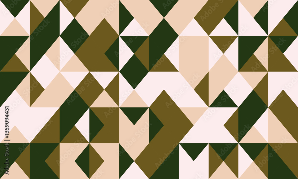 Abstract geometric pattern with earthy tones. Stylish, modern design featuring triangles and squares in beige, olive green, and dark forest green.
