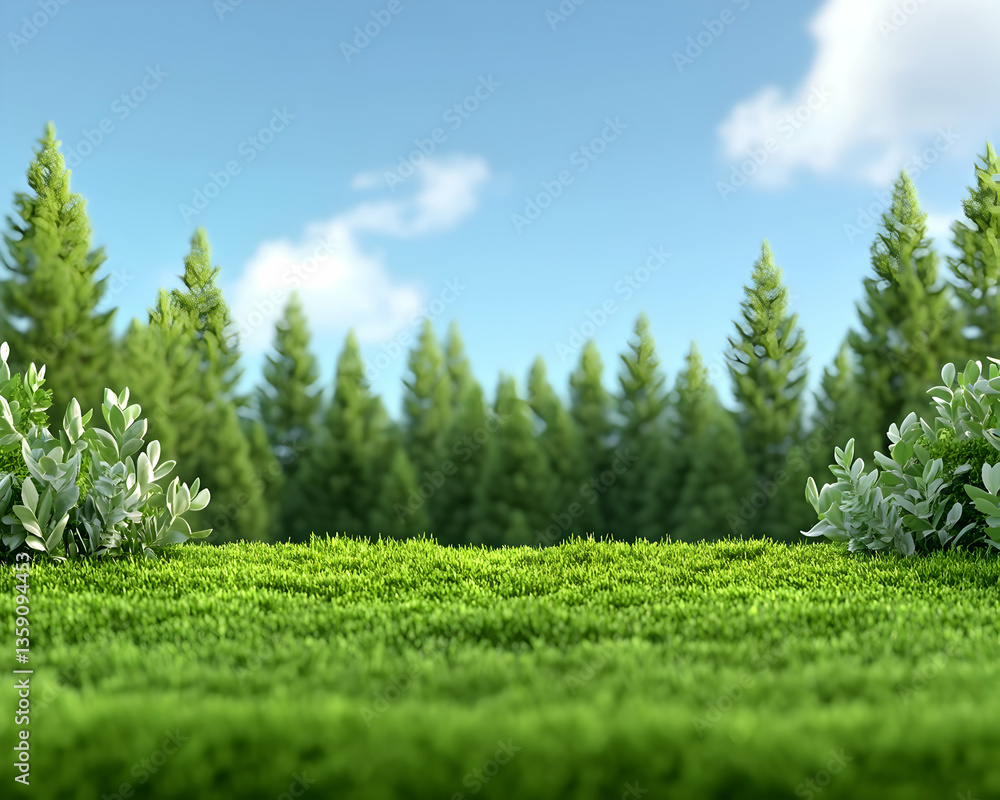 Lush green moss foreground, coniferous forest background, sunny day Lush green moss foreground, coniferous forest background, sunny day