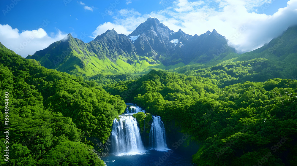 Fototapeta premium Lush green mountain range with cascading waterfall