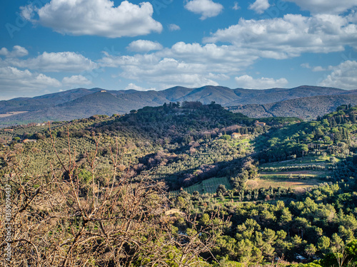 Panoramic view of the Tuscan countryside and Bolgheri hillside from the village of Castagneto Carducci Tuscany Italy