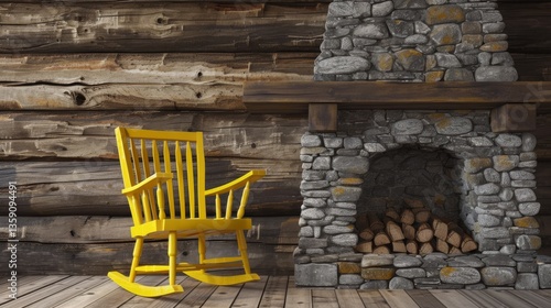 A simple yet charming rustic log cabin interior showcasing a stone fireplace and a bright yellow rocking chair against a wood-paneled wall. The natural textures and earthy tones create a cozy
