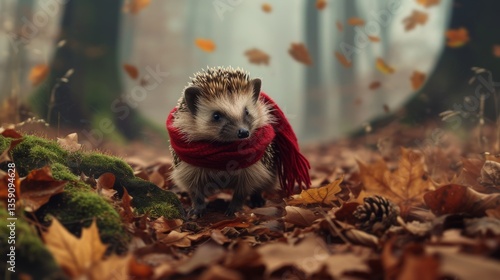 Obraz na płótnie A charming hedgehog adorned with a vibrant red scarf explores the autumn forest floor, surrounded by fallen leaves and moss. The soft focus background adds depth and highlights the season's beauty w salonie