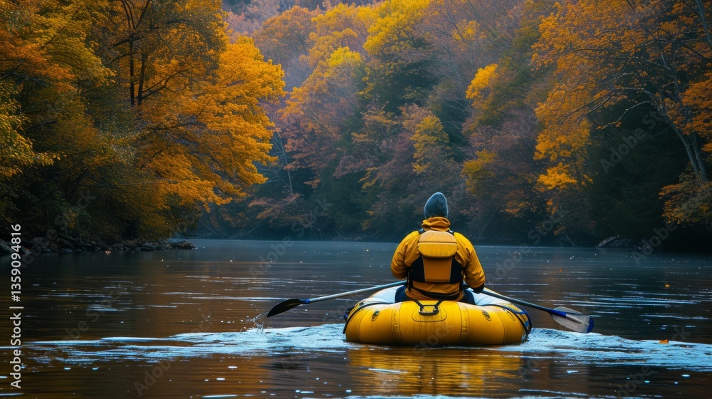 A lone kayaker in a yellow raft rows through a calm river beneath a vibrant canopy of autumn leaves. The tranquil setting and the rich colors of fall create a picturesque and serene outdoor scene