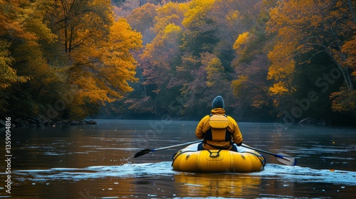 A lone kayaker in a yellow raft rows through a calm river beneath a vibrant canopy of autumn leaves. The tranquil setting and the rich colors of fall create a picturesque and serene outdoor scene