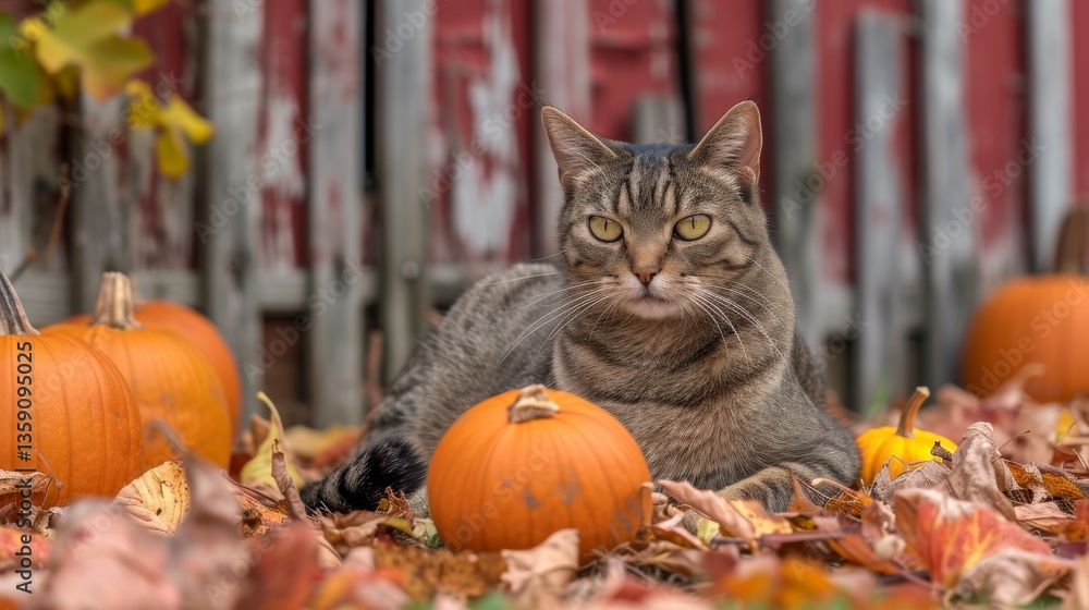 A cat reclining among pumpkins and fallen leaves, with a rustic red fence in the background. The scene is rich with autumn colors and creates a warm, festive fall atmosphere perfect for seasonal