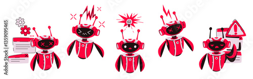 Cute red robot character set with issues. Chatbot AI assistant mascot with error, warning symbols - sparks, crosses, exclamation marks. problem solving, troubleshooting, broken service concepts.