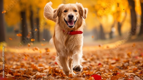 A golden retriever dashes through an autumn park, surrounded by a carpet of fallen leaves. The dog's joyful expression and the vibrant colors of the foliage capture the essence of a perfect fall day.