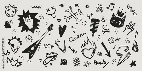 Black punk rock icons set isolated on white background. Vector realistic illustration of hand drawn guitar, heart on fire, arrow, smiling emoji, cat, skull, lightning bolt signs, grungy banner design