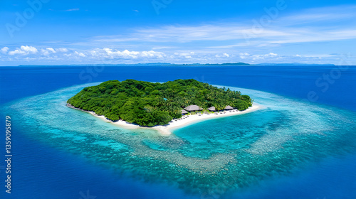 Lush tropical island paradise with pristine beach, vibrant coral reef, and turquoise ocean under a bright blue sky