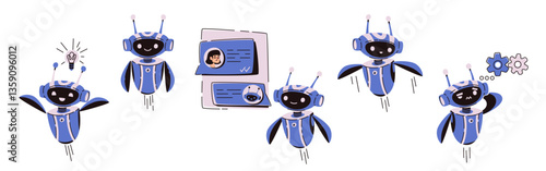 AI chatbots set isolated on white. Vector cartoon illustration of chatbot characters, artificial intelligence robot with smiling face and antenna, virtual assistance mascot, mobile app character