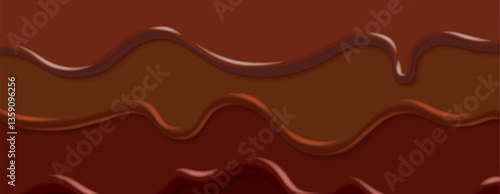 Melted chocolate texture with smooth flowing drops, swirls and curves. Brown liquid dessert background, sweet food ingredient. Realistic 3d illustration, confectionery packaging design element.