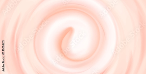 Strawberry cream yogurt swirl vortex background. Pale pink milk texture with spiral pattern, soft pastel colored abstract dairy product bg. Smoothie or ice cream decoration, food packaging element.