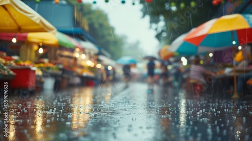 A rainy day at an outdoor market with colorful umbrellas lining the wet street. The rain adds a refreshing feel, while the vibrant colors of the market create a lively, cheerful scene despite the